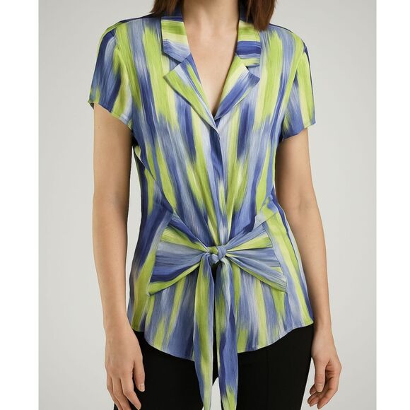 Jones New York Silk Tie Front Blouse Watercolor Stripe Green Blue Size 14 - Picture 1 of 7